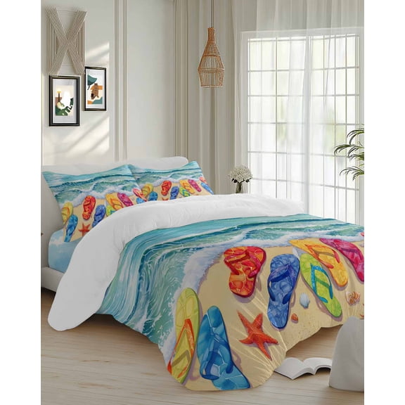 4 Piece Duvet Cover Set Cal king, Watercolor Ocean Beach Slippers Soft Breathable Bedding Set with Pillow Shams Flat Sheet, Sailing Boat Summer Vacation Bed Comforter Cover Sets