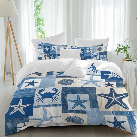 4 Piece Duvet Cover Set Full, Abstract Blue Starfish Crab Soft ...