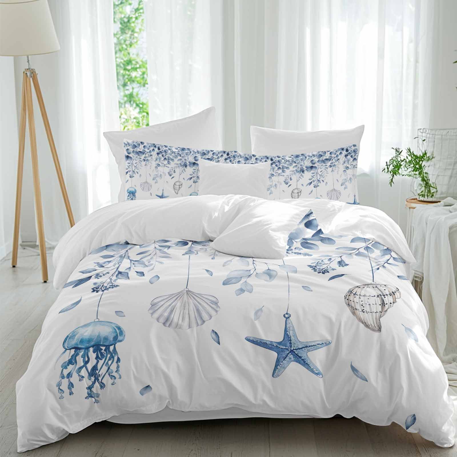 4 Piece Duvet Cover Set Full, Blue Starfish Shell Jellyfish Soft ...
