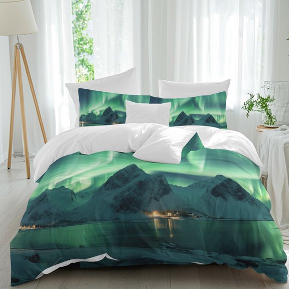 4 Piece Duvet Cover Set Full, Green Aurora and Iceland Iceburgs View Soft Breathable Bedding Set with Pillow Shams Flat Sheet, Minimalist Nature Landscape Bed Comforter Cover Sets