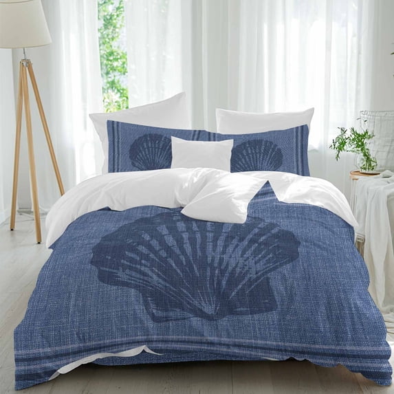 4 Piece Duvet Cover Set Full, Ocean Shell on Navy Blue Linen Soft ...