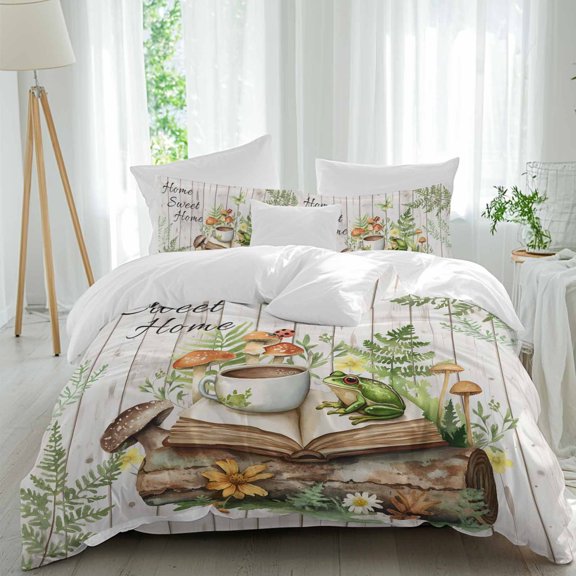 4 Piece Duvet Cover Set Full, Sweet Home Words Frog Soft Breathable Bedding Set with Pillow Shams Flat Sheet, Coffee Mushroom on Wood Board Bed Comforter Cover Sets