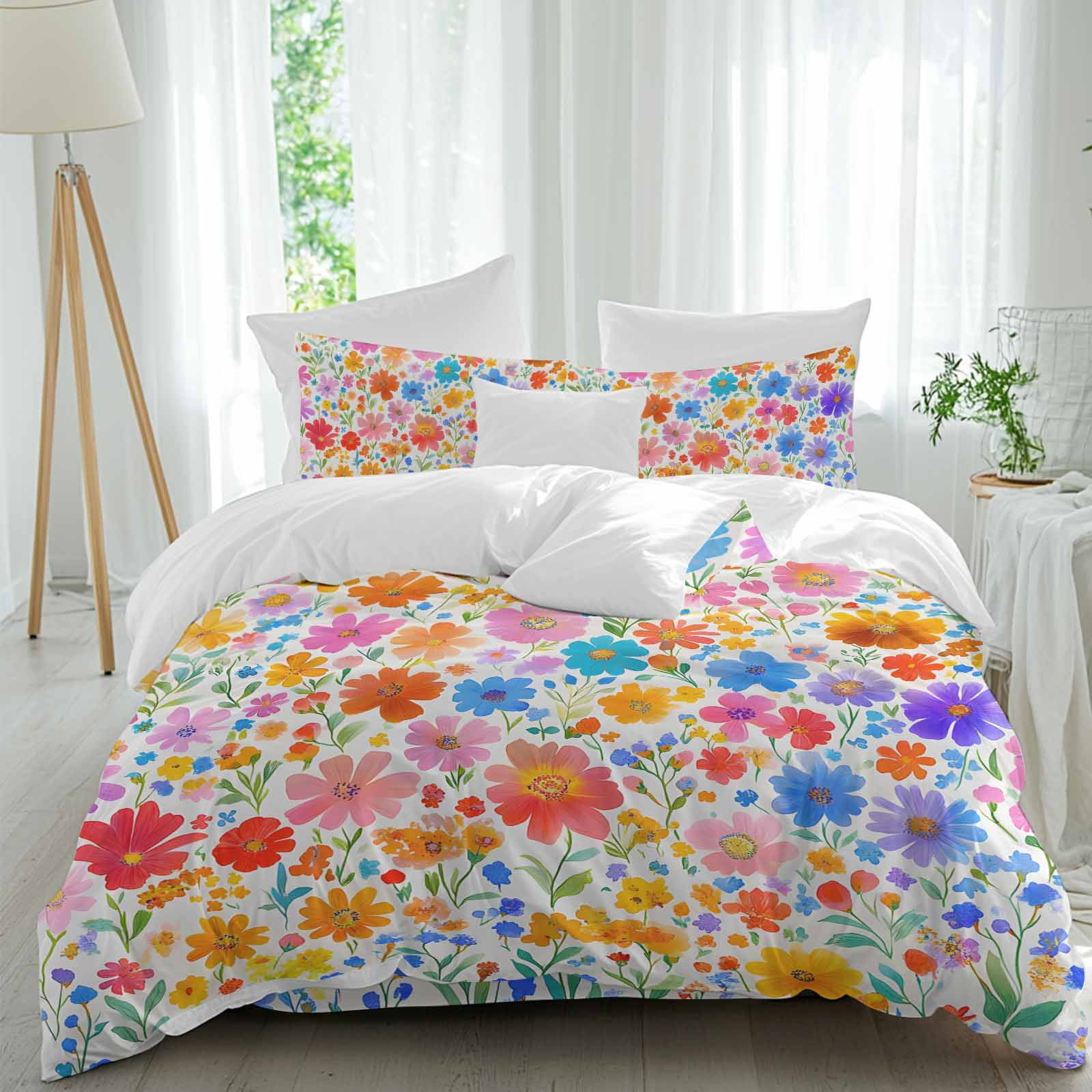 4 Piece Duvet Cover Set Full, Watercolor Colorful Blossom Flower Leaves ...
