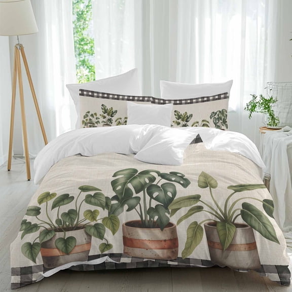 4 Piece Duvet Cover Set Full, Watercolors Pots Green Leaves on Linen Soft Breathable Bedding Set with Pillow Shams Flat Sheet, Black Plaid Lattice Bed Comforter Cover Sets