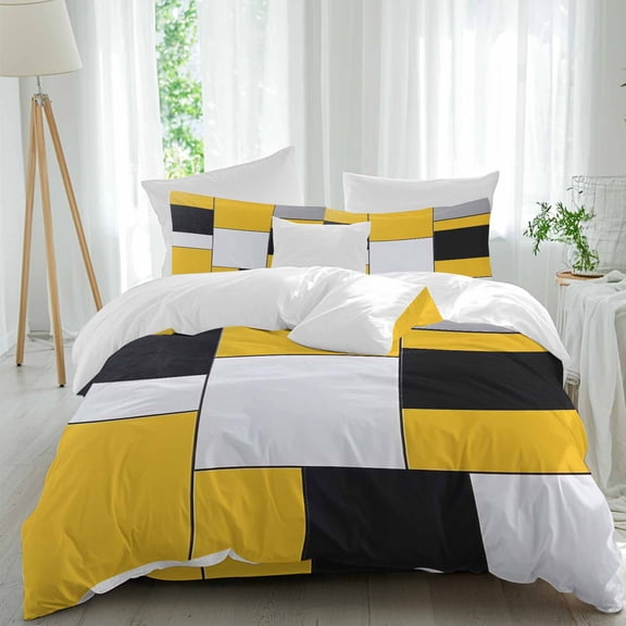 4 Piece Duvet Cover Set Full, White Black Yellow Patchwork Soft Breathable Bedding Set with Pillow Shams Flat Sheet, Abstract Geometric Bed Comforter Cover Sets