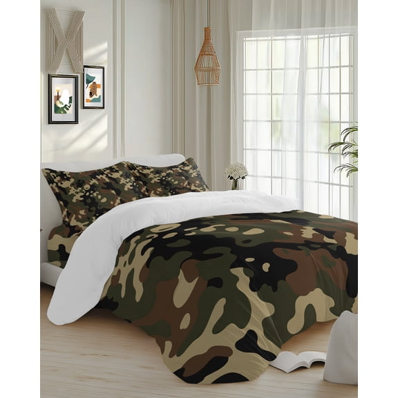 4 Piece Duvet Cover Set Queen, Abstract Camouflages Texture Soft Breathable Bedding Set with Pillow Shams Flat Sheet, Retro Camo Pattern Bed Comforter Cover Sets