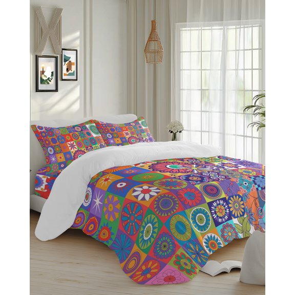 4 Piece Duvet Cover Set Queen, Abstract Ethnic Patchwork Soft Breathable Bedding Set with Pillow Shams Flat Sheet, Boho Indian Geometric Flower Bed Comforter Cover Sets
