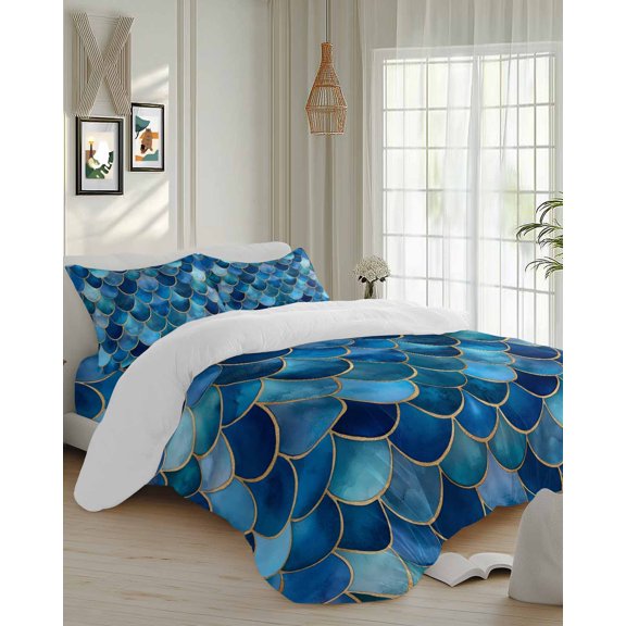 4 Piece Duvet Cover Set Queen, Abstract Geometric Patchwork Soft Breathable Bedding Set with Pillow Shams Flat Sheet, Retro Blue Gradient Pattern Bed Comforter Cover Sets