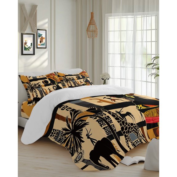 4 Piece Duvet Cover Set Queen, Black African Female Soft Breathable Bedding Set with Pillow Shams Flat Sheet, Ethnic Wind Elephant Giraffe Bed Comforter Cover Sets