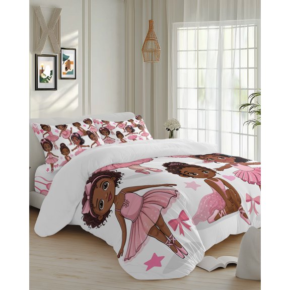 4 Piece Duvet Cover Set Queen, Cartoon Children Ballet Dance Soft Breathable Bedding Set with Pillow Shams Flat Sheet, Pink Butterflies Ballet Shoes Bed Comforter Cover Sets