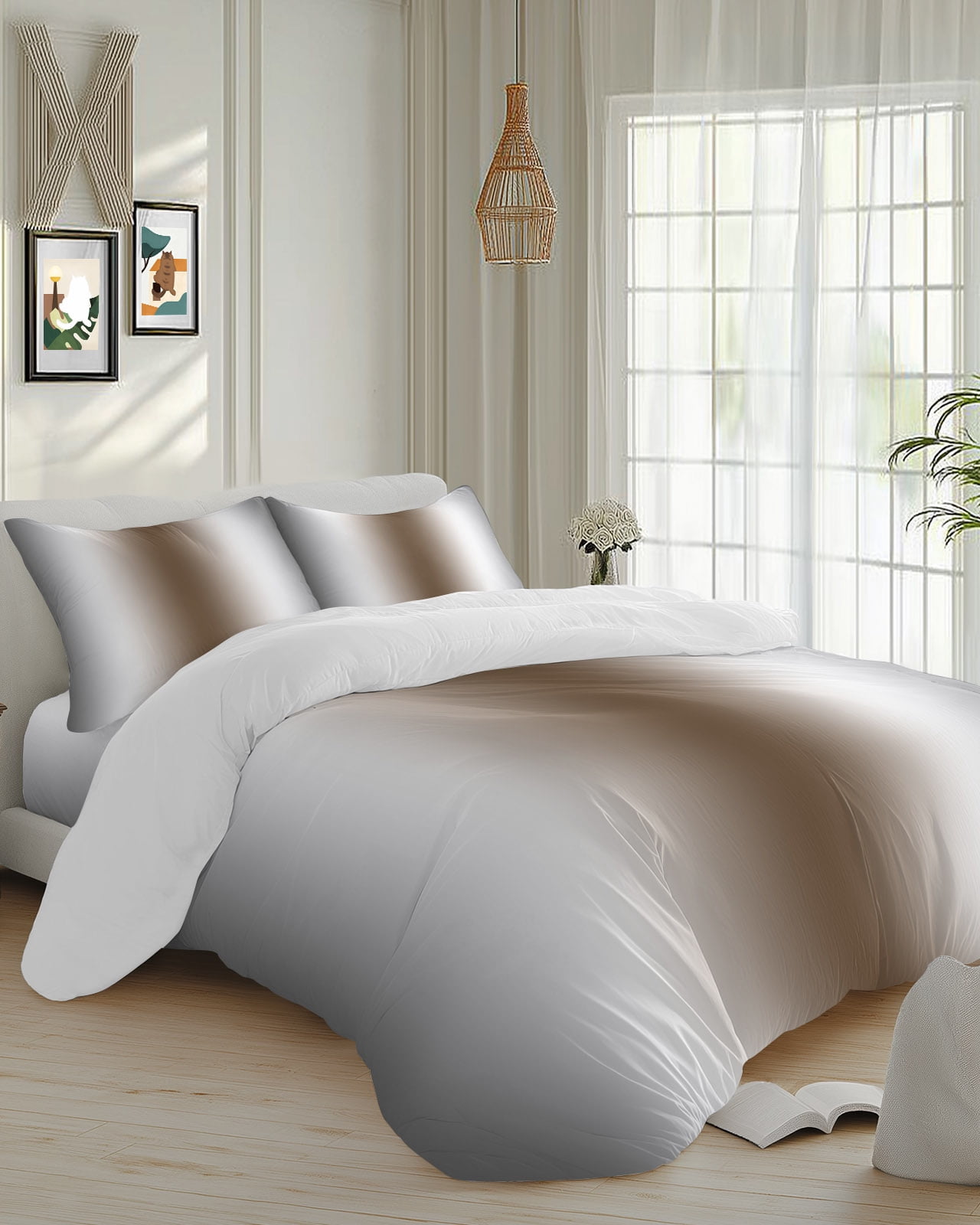 4 Piece Duvet Cover Set Queen, Farm Rustic Brown Grey Color Ombre Soft ...
