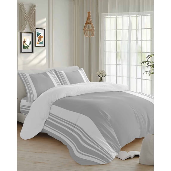 4 Piece Duvet Cover Set Queen, Gray Color Block Lines Soft Breathable ...