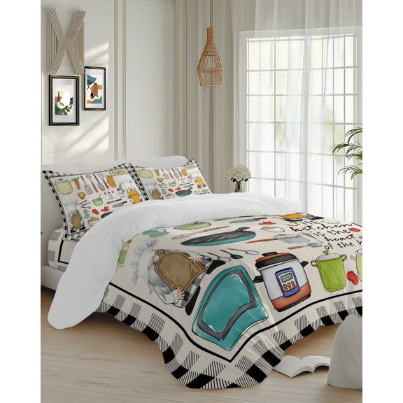 4 Piece Duvet Cover Set Queen, Kitchen Cooking Gnomes Kitchenware Soft Breathable Bedding Set with Pillow Shams Flat Sheet, Black Gray Plaid Bed Comforter Cover Sets