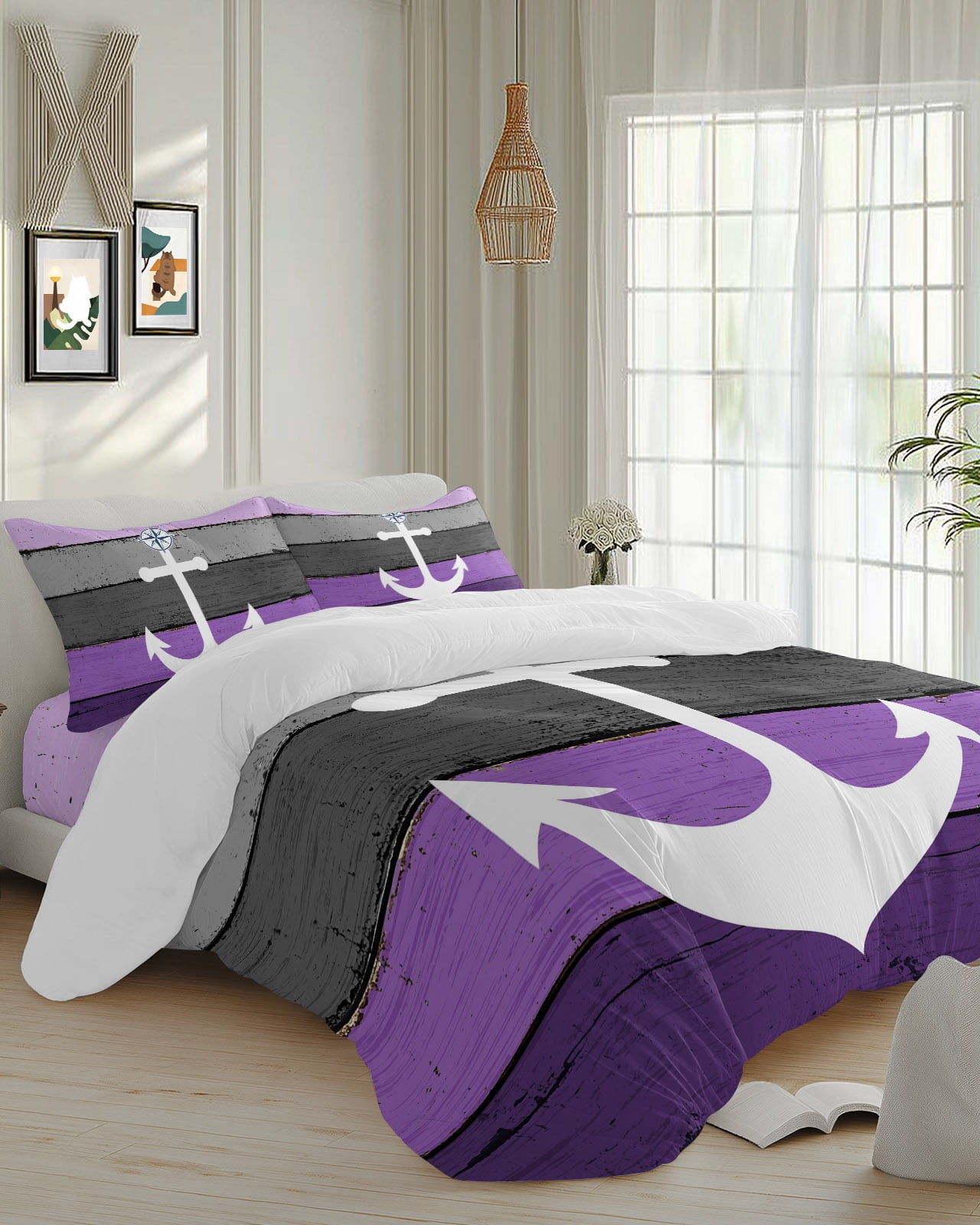 4 Piece Duvet Cover Set Queen, Nautical Anchor Compass Purple Gradient ...