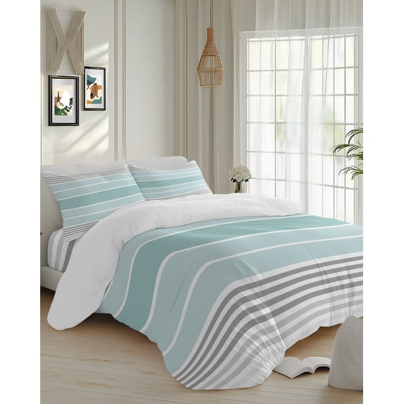 4 Piece Duvet Cover Set Queen, Turquoise Stripe Abstract Geometric Soft ...