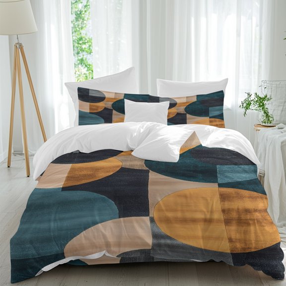 4 Piece Duvet Cover Set Twin, Abstract Geometric Patchwork Soft Breathable Bedding Set with Pillow Shams Flat Sheet, Vintage Gradient Oval Art Bed Comforter Cover Sets