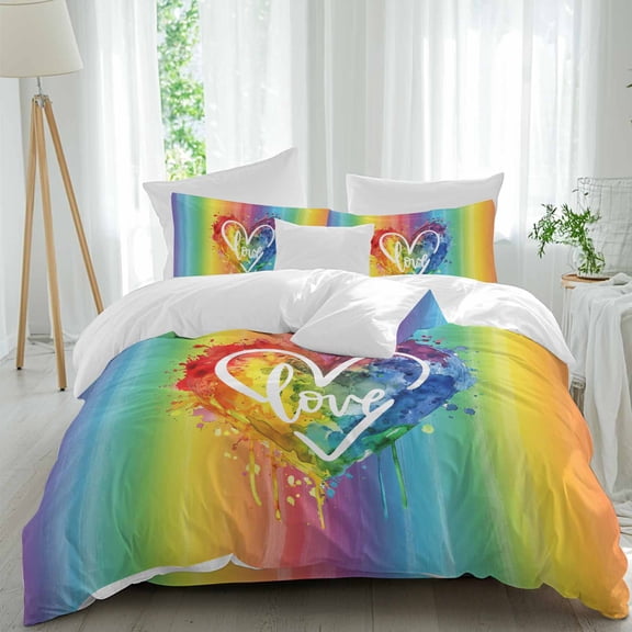 4 Piece Duvet Cover Set Twin, Abstract Rainbow Color Ombre Soft Breathable Bedding Set with Pillow Shams Flat Sheet, Colorful Love Heart Quote Bed Comforter Cover Sets