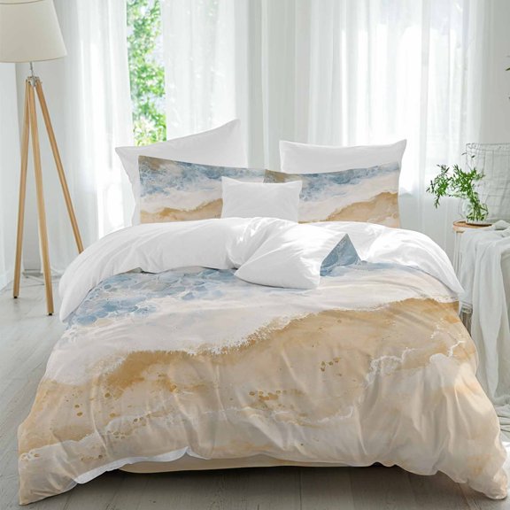 4 Piece Duvet Cover Set Twin, Abstract Sea Waves Beach Art Soft Breathable Bedding Set with Pillow Shams Flat Sheet, Ocean Spray Summer Seaside Bed Comforter Cover Sets