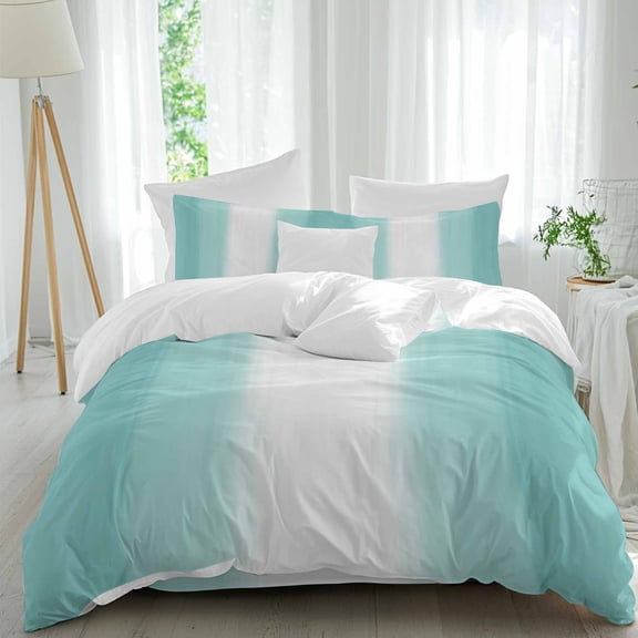 4 Piece Duvet Cover Set Twin, Abstract Teal Color Gradient Soft Breathable Bedding Set with Pillow Shams Flat Sheet, Modern Stripe Ombre Art Bed Comforter Cover Sets