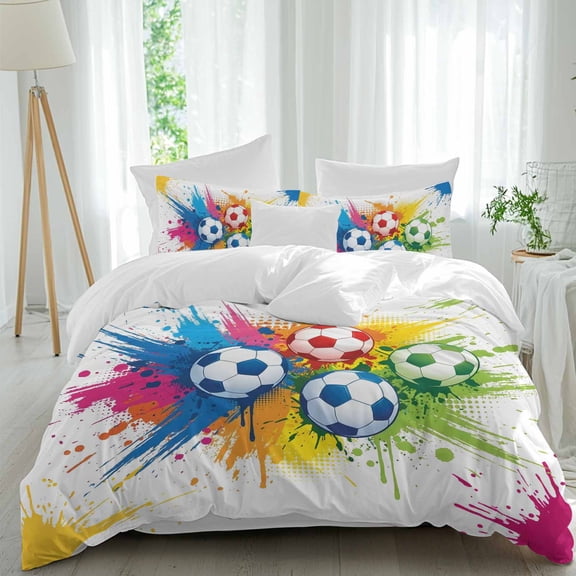 4 Piece Duvet Cover Set Twin, Colorful Soccer Balls Soft Breathable Bedding Set with Pillow Shams Flat Sheet, Rainbow Paint Splatter Footballs Bed Comforter Cover Sets