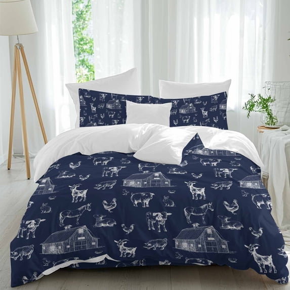 4 Piece Duvet Cover Set Twin, Farm Cow Chicken Navy Blue Soft ...