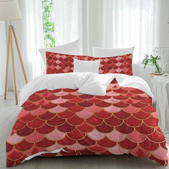4 Piece Duvet Cover Set Twin, Nautical Ocean Fish Scale Soft Breathable Bedding Set with Pillow Shams Flat Sheet, Modern Red Gradient Pattern Bed Comforter Cover Sets