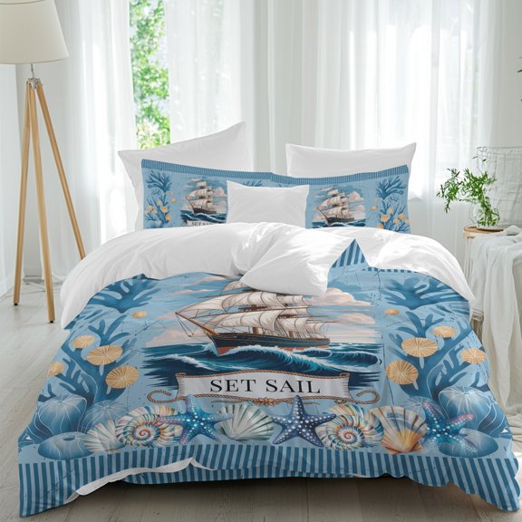 4 Piece Duvet Cover Set Twin, Oceans Waves Sailing Ships Corals Shellfish Soft Breathable Bedding Set with Pillow Shams Flat Sheet, Marine Life Bed Comforter Cover Sets
