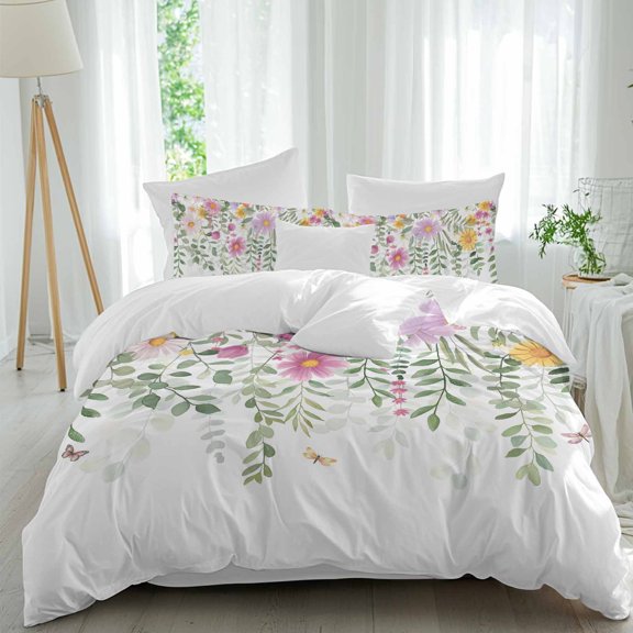 4 Piece Duvet Cover Set Twin, Pastoral Watercolor Flower Leaves Soft Breathable Bedding Set with Pillow Shams Flat Sheet, Farmhouse Florets Bed Comforter Cover Sets
