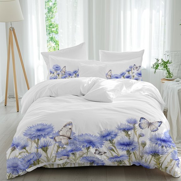4 Piece Duvet Cover Set Twin, Romantic Blue Cornflower with Butterfly Soft Breathable Bedding Set with Pillow Shams Flat Sheet, Watercolor Floral Field Bed Comforter Cover Sets