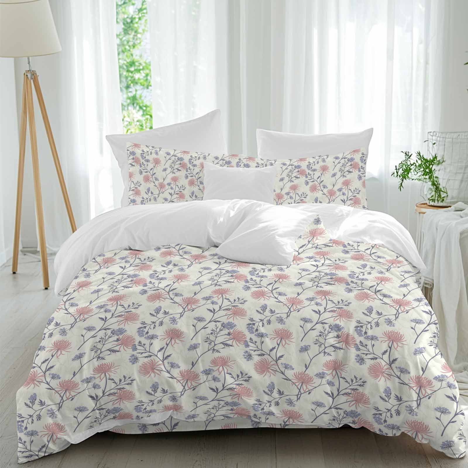 Spring Quilt Set 4 Piece Duvet Cover Set Twin, Spring Pink Flower Leaves Soft Breathable ...