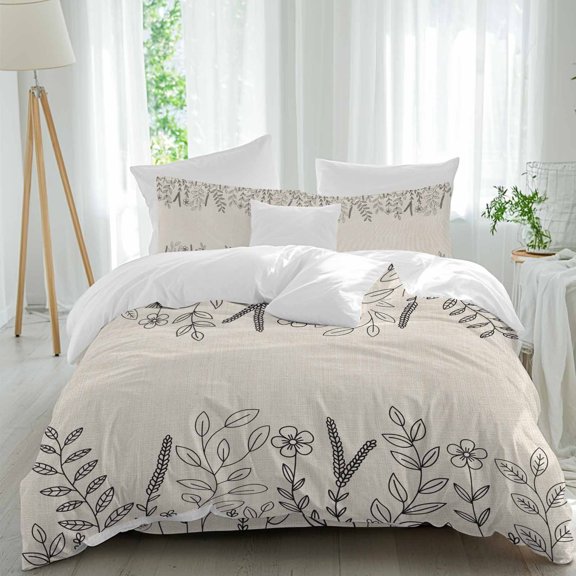 4 Piece Duvet Cover Set Twin, Summer Wheat Ear Wildflower Soft Breathable Bedding Set with Pillow Shams Flat Sheet, Abstract Pastoral Floral Leaf Bed Comforter Cover Sets