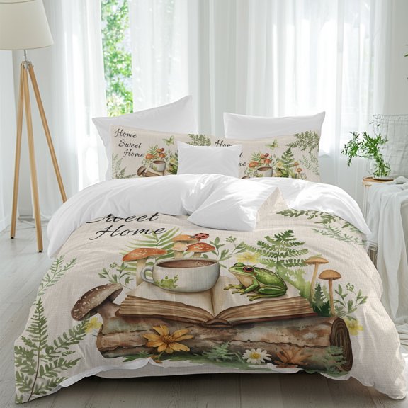 4 Piece Duvet Cover Set Twin, Sweet Home Frog Soft Breathable Bedding Set with Pillow Shams Flat Sheet, Mushroom Coffee Book on Retro Linen Bed Comforter Cover Sets