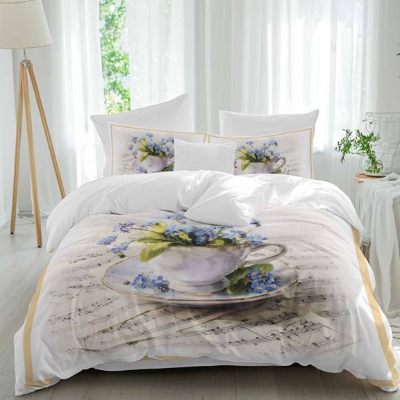 4 Piece Duvet Cover Set Twin, Watercolor Spring Flower Teacup Soft Breathable Bedding Set with Pillow Shams Flat Sheet, Retro Musical Score Bed Comforter Cover Sets
