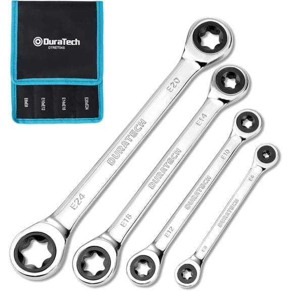 4-Piece E-Torx Wrench Set, Double Box End Ratcheting Wrench Set, Including E6 * E8, E10 * E12, E14 * E18 and E20 * E24, 72-Teeth, CR-V Steel, Mirror-Polished with Rolling Pouch