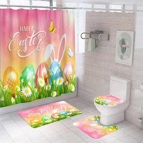 4 Piece Easter Shower Curtain Set With Non-Slip Rug, Toilet Cover And Bath Mat, Funny Easter Shower Curtain With 12 Hooks, Happy Easter Shower Curtain Set For Bathroom