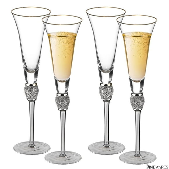 4 Piece Elegant Crystal Set Wedding Champagne Glasses with Diamond Rhinestone Accents and a Polished Gold Rim - 11 in Tall with Slender Long Stems, 7 oz - Chic Toasting Set for the Bride and Groom