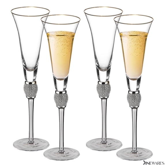 4 Piece Elegant Crystal Set Wedding Champagne Glasses with Diamond Rhinestone Accents and a Polished Gold Rim - 11 in Tall with Slender Long Stems, 7 oz - Chic Toasting Set for the Bride and Groom