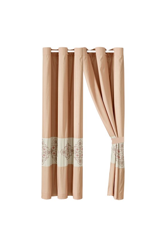 4-Piece Emilia Curtain Set Drape Sheer Liner|Teardrop Star Floral Scroll Embroidery|Blush Pink Beige|Grommet