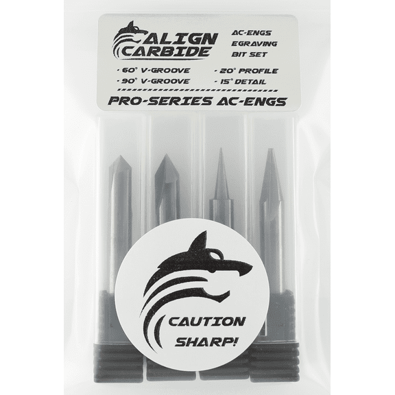 4-Piece Engraving Set, CNC Wood Carving Router Bits, 60 & 90 V-Groove, 20 Profile - Flat Tip, 15 Detail Carving Liner, all 1/4 Inch Shank, Premium Solid Micro Grain Carbide Item AC-ENGS.