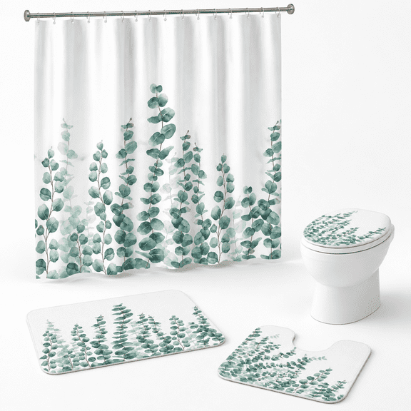4-Piece Eucalyptus Green Leaves Bathroom Linen Set with Shower Curtain, Rugs and Lid Cover