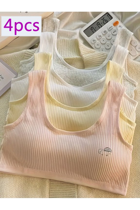 4-Piece Everyday Bra - PE Class Special | Wire-Free Anti-Exposure Vest | Breathable Bra with Exercise Pads | New Solid Color Set | High-Intensity Training Available in Four Colors