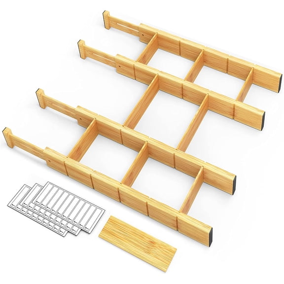 4-Piece Expandable Bamboo Drawer Divider Set, Includes 9 Inserts and Labels, Adjustable 17"22" Organizer for Home, Office, and Dresser Drawers Natural