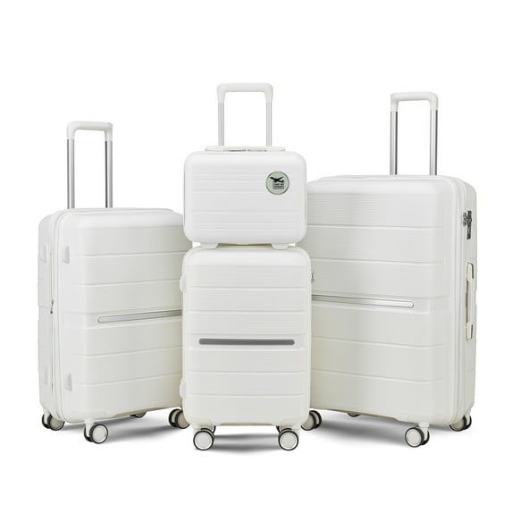 4 Piece Expandable Luggage Set with TSA Lock, 14/20/24/28 Inch PP Lightweight Carry On Luggage with Spinner Wheels, Roller Travel Suitcase with Telescoping Handle for Men, Women, White