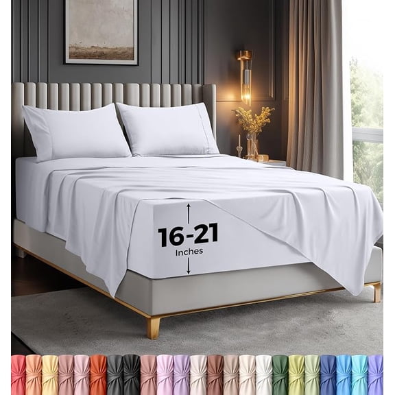 4-Piece Extra Deep Pocket Sheet Set | Fits upto 21 Inch Mattresses, Soft Cooling Microfiber, Hotel Luxury, OEKO-TEX Certified | Utopia Bedding, Full, White