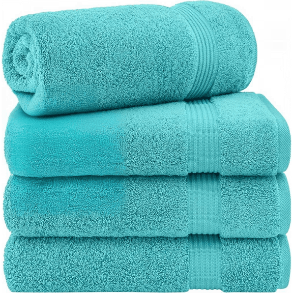 4 Piece Extra Large Turkish Bath Towel Set 27 Inch x 54 Inch 100% Cotton Soft Plush Turquoise