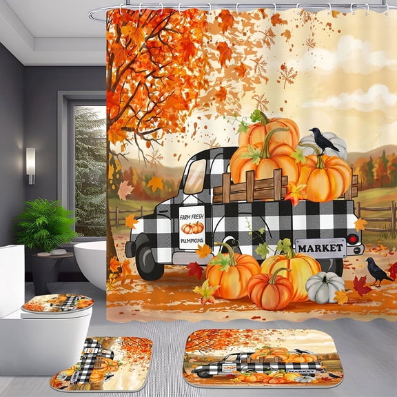 4 Piece Fall Buffalo Plaid Truck Shower Curtain Set for Autumn Bathroom
