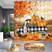 4 Piece Fall Buffalo Plaid Truck Shower Curtain Set for Autumn Bathroom