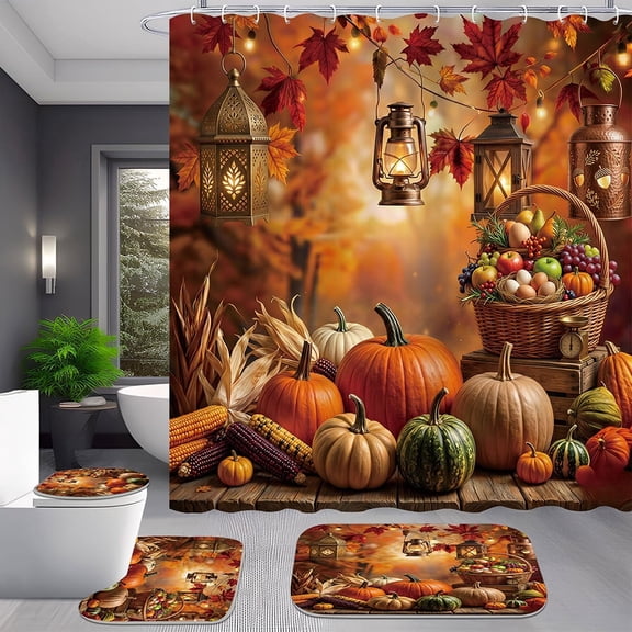 4 Piece Fall Pumpkin and Maple Leaf Shower Curtain Set for Harvest Decor