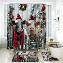 4 Piece Farmhouse Christmas Shower Curtain Set with Rugs, Toilet Lid Cover ,Rustic Xmas Highland Cow Pig on Country Wooden Fence Farm Barn Animal Winter Holiday Bathroom Shower Curtain with Hooks