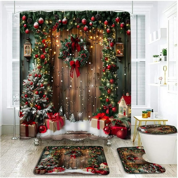 4 Piece Farmhouse Christmas Shower Curtain Set with Rugs, Toilet Lid Cover ,Winter Snowflake Xmas Ball with Green Fir Twigs Wreath on Rustic Barn Door Christmas Bathroom Shower Curtain with Hooks